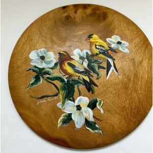 Vintage Myrtlewood Hand Painted Wooden Wall Decor Plaque Oregon-Floral w/ birds